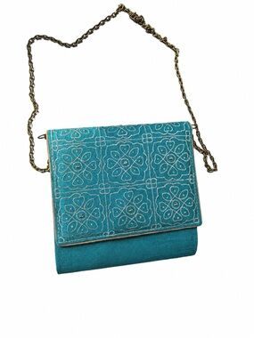 Teal Embroidered Crossbody Bag with Chain Strap